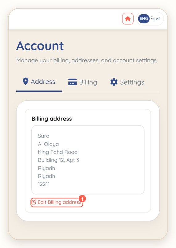 Account → Address: your billing address card. 1 = Edit Billing address.