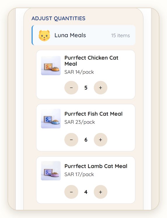 Adjust quantities: − and + for each recipe, with the price per pack