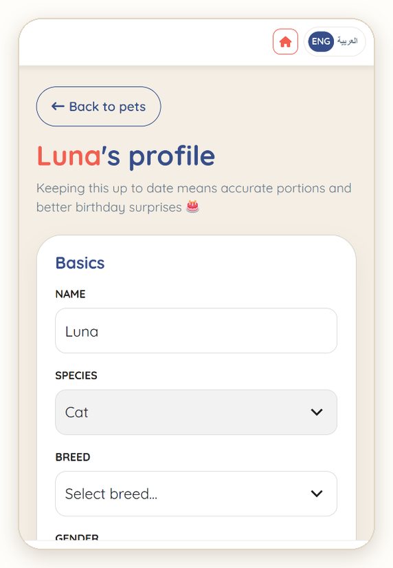 Your pet's profile: update the details and save