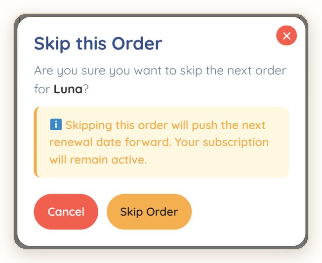 The Skip this Order confirmation: tap Skip Order to confirm