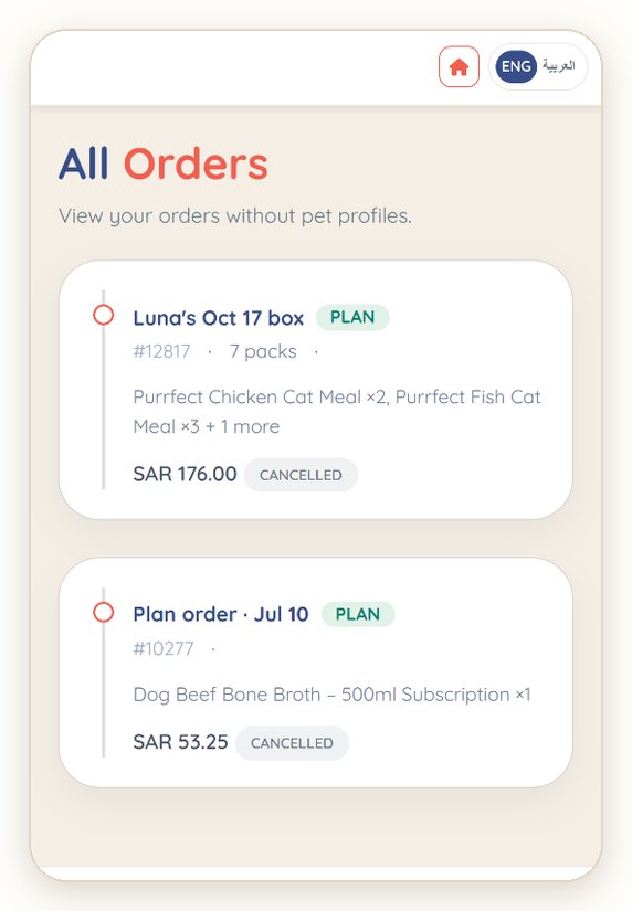 Orders: every order with its number, packs, total and status