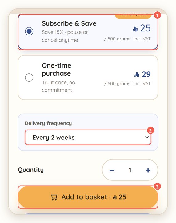 On any product page, choose Subscribe & Save and a delivery frequency