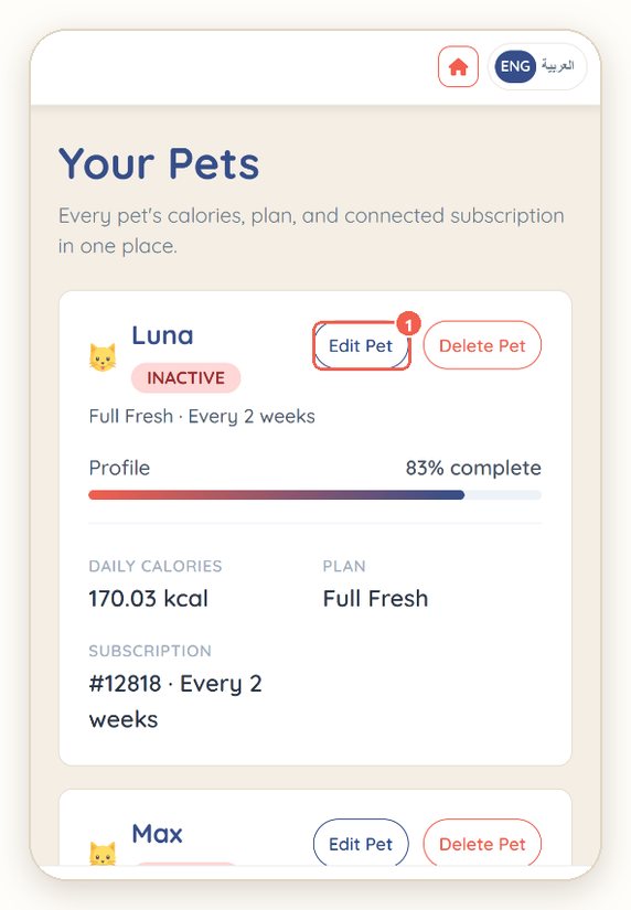 My Pets: each pet's plan, daily calories and subscription, with Edit Pet and Delete Pet