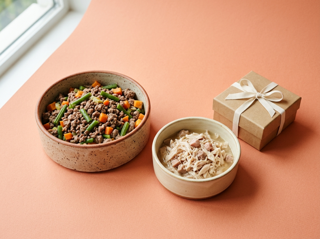 Bowls of fresh dog and cat food beside a small gift box